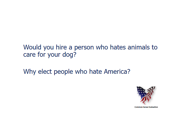 Would you hire a person who hates animals to care for your dog? Why elect people who hate America?