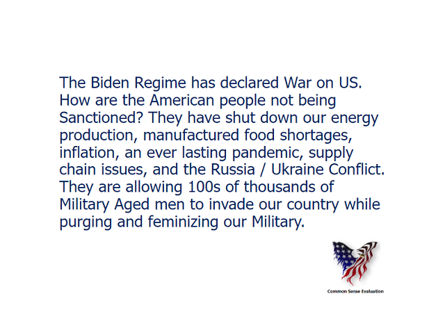 The Biden Regime has declared War on US. How are the American people not being Sanctioned? They have shut down our energy production, manufactured food shortages, inflation, an ever lasting pandemic, supply chain issues, and the Russia / Ukraine Conflict. They are allowing 100s of thousands of Military Aged men to invade our country while purging and feminizing our Military.