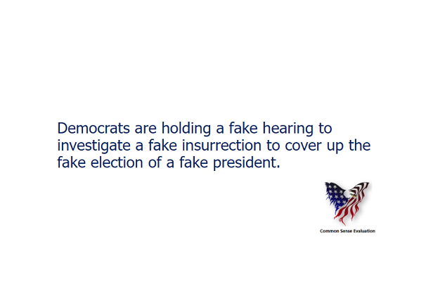 Democrats are holding a fake hearing to investigate a fake insurrection to cover up the fake election of a fake president.