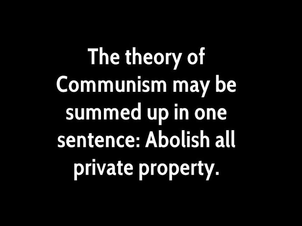 The Theory Of Communism may be summed up in one sentence: Abolish all private property. You will own nothing, and you will be happy.