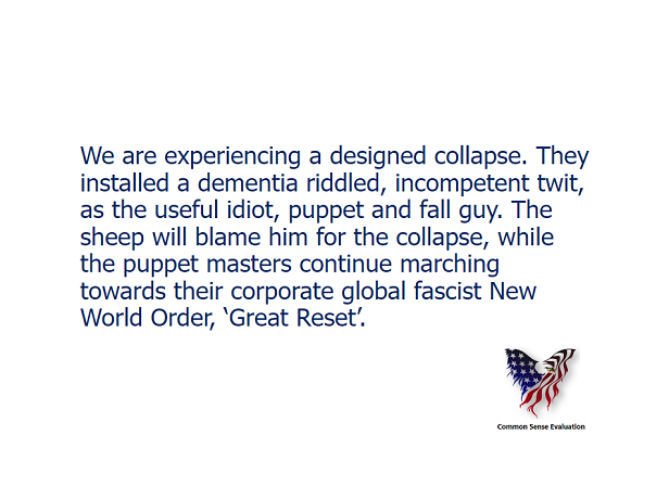 We are experiencing a designed collapse. They installed a dementia riddled, incompetent twit, as the useful idiot, puppet and fall guy. The sheep will blame him for the collapse, while the puppet masters continue marching towards their corporate global fascist New World Order, ‘Great Reset’.