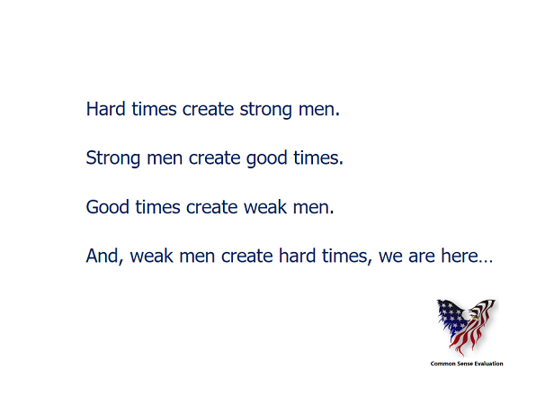 Hard times create strong men. Strong men create good times. Good times create weak men. And, weak men create hard times, we are here…