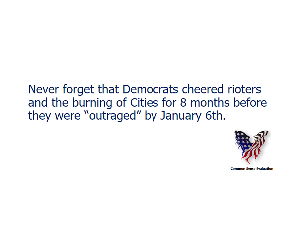 Never forget that Democrats cheered rioters and the burning of Cities for 8 months before they were "outraged" by January 6th.