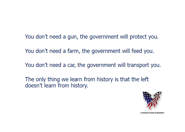 You don't need a gun, the government will protect you. You don't need a farm, the government will feed you. You don't need a car, the government will transport you. The only thing we learn from history is that the Left doesn't learn from history.