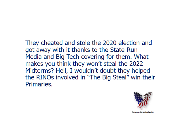 They cheated and stole the 2020 election and got away with it thanks to the State-Run Media and Big Tech covering for them. What makes you think they won't steal the 2022 Midterms? Hell, I wouldn't doubt they helped the RINOs involved in "The Big Steal" win their Primaries.