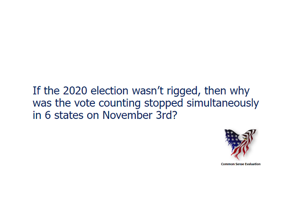 If the 2020 election wasn't rigged, then why was the vote counting stopped simultaneously in 6 states on November 3rd?