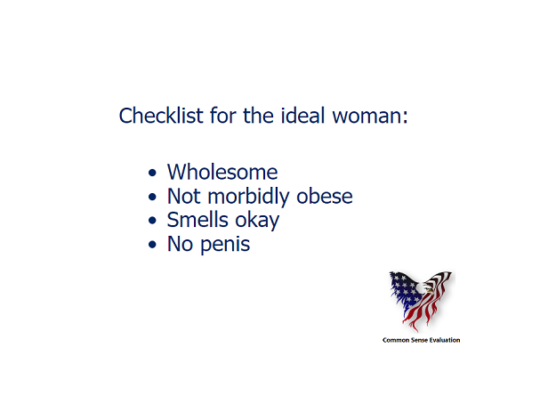 Checklist For The Ideal Woman: Wholesome, Not morbidly obese, Smells okay, No penis