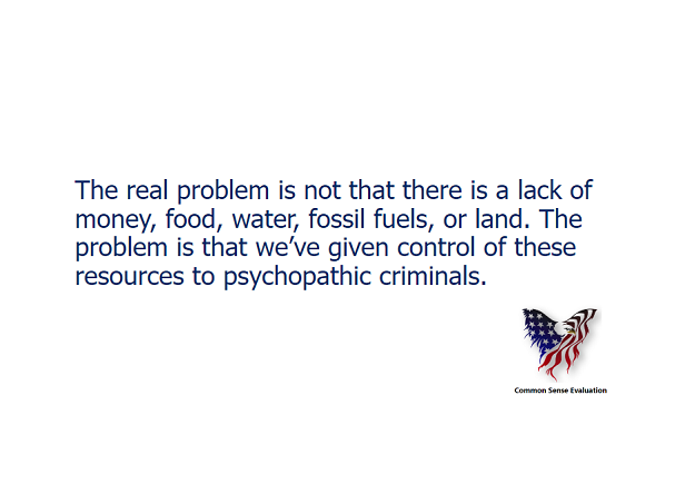 The real problem is not that there is a lack of money, food, water, fossil fuels, or land. The problem is that we've given control of these resources to psychopathic criminals.