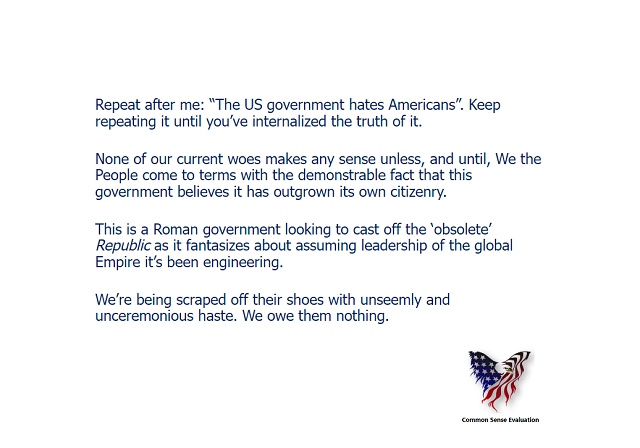 Repeat after me: "The US government hates Americans". Keep repeating it until you've internalized the truth of it. None of our current woes makes any sense unless, and until, We the People come to terms with the demonstrable fact that this government believes it has outgrown its own citizenry. This is a Roman government looking to cast off the 'obsolete' Republic as it fantasizes about assuming leadership of the global Empire it's been engineering. We're being scraped off their shoes with unseemly and unceremonious haste. We owe them nothing.