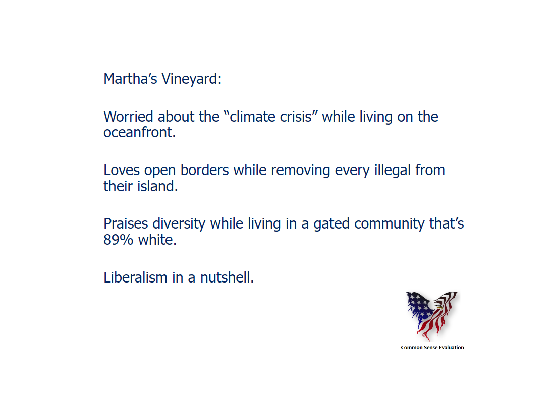 Martha's Vineyard: Worried about the "climate crisis" while living on the oceanfront. Loves open borders while removing every illegal from their island. Praises diversity while living in a gated community that's 89% white. Liberalism in a nutshell.