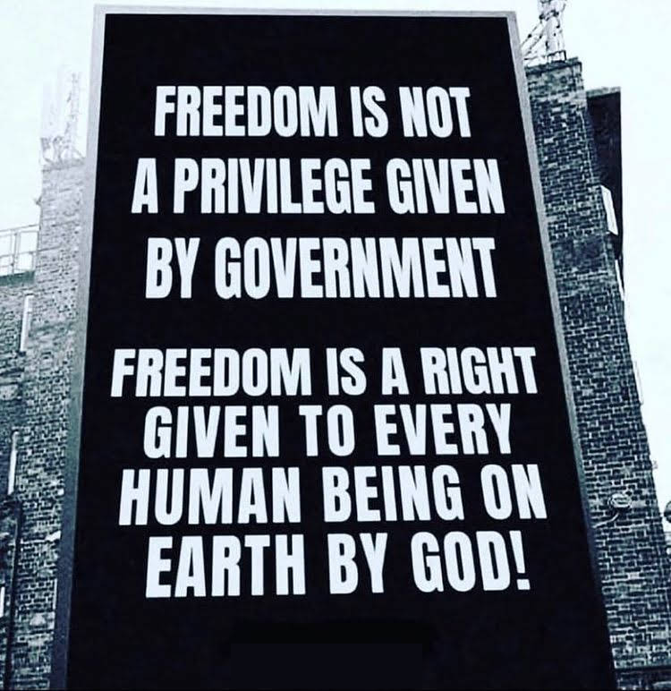 Freedom is not a privilege given by government. Freedom is a right given to every human being on Earth by God!