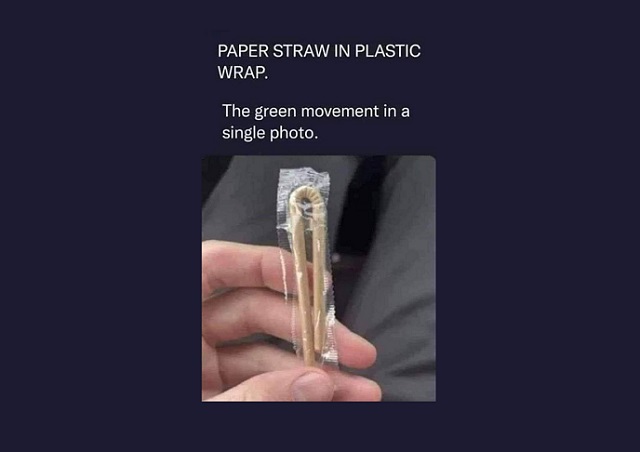 Paper straw in Plastic Wrap. The Green Movement in a single photo.