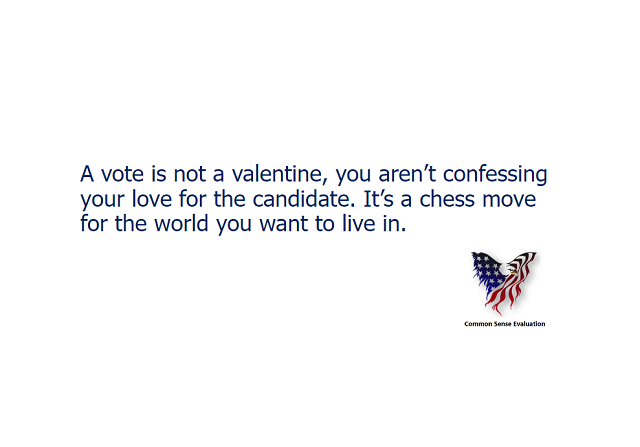 A vote is not a valentine, you aren't confessing your love for the candidate. It's a chess move for the world you want to live in.