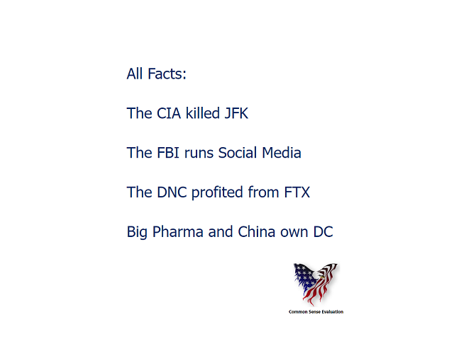 All Facts: The CIA killed JFK The FBI runs Social Media The DNC profited from FTX Big Pharma and China own DC