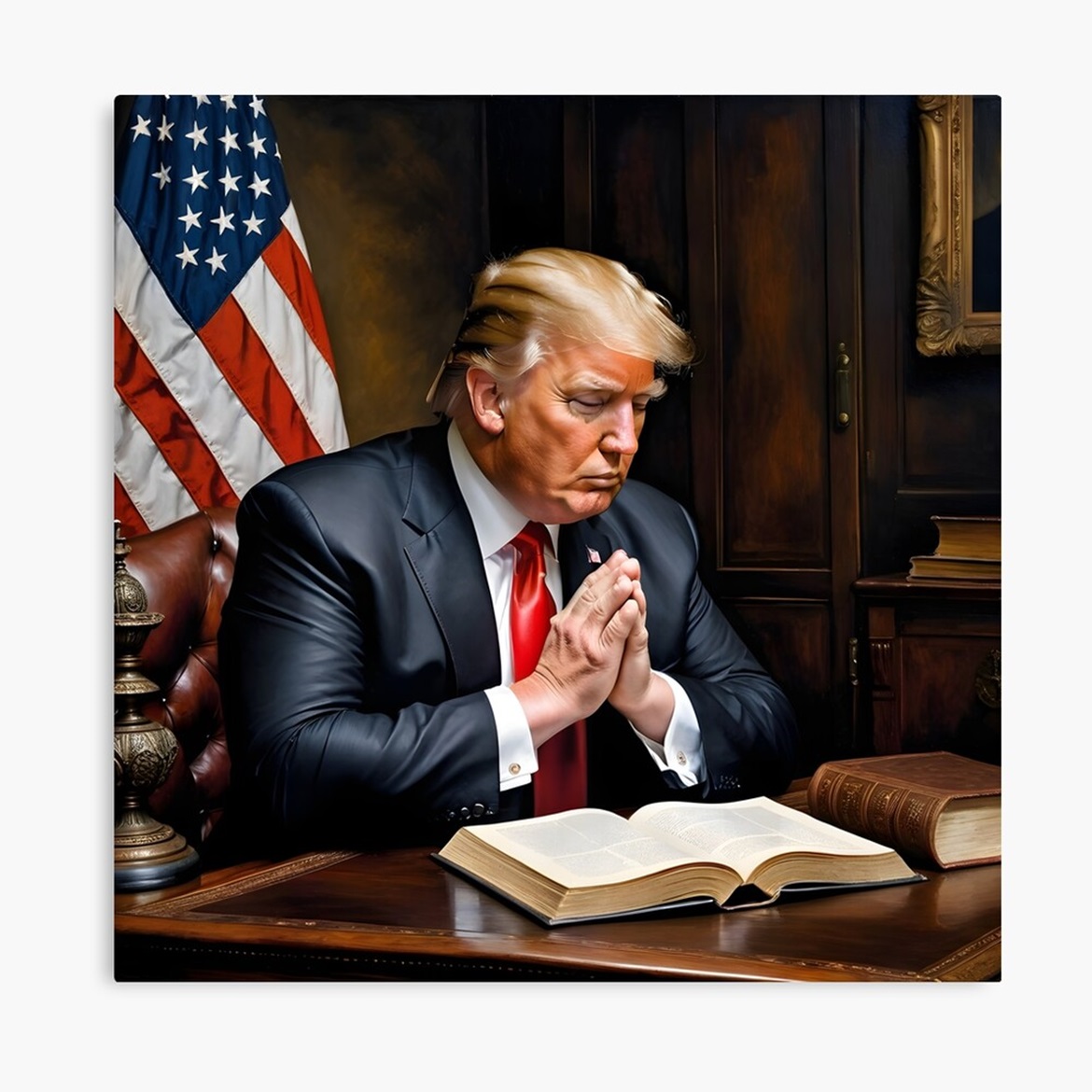 This oil painting depicts Donald Trump sitting at a desk with his hands clasped in prayer. He is surrounded by elements of an office setting, including an open bible and the American flag. This image conveys a sense of solemnity, patriotism, and leadership.