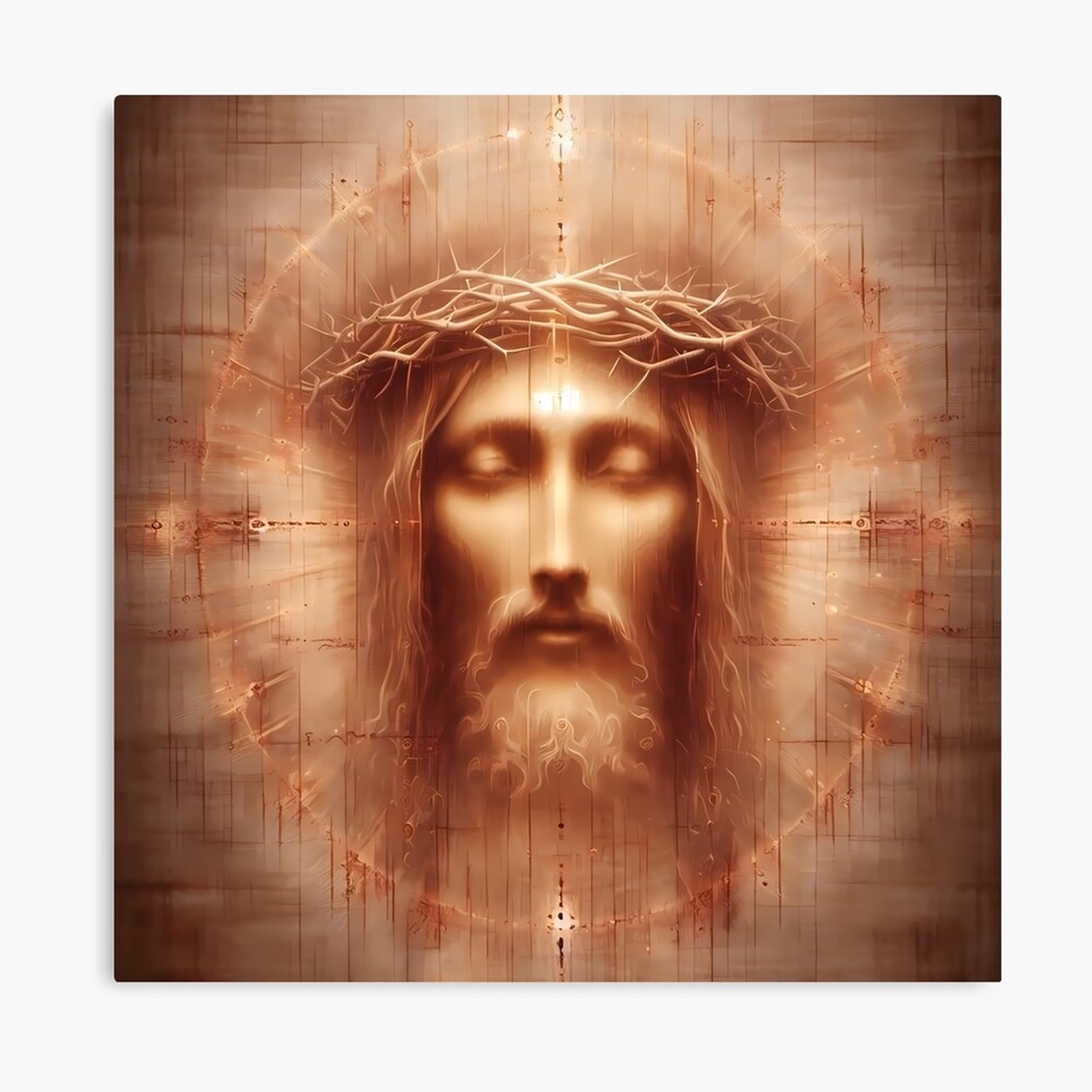 This mesmerizing art piece captures a crown of thorns displayed prominently on Jesus's head against a textured, rustic background resembling The Shroud of Turin. 