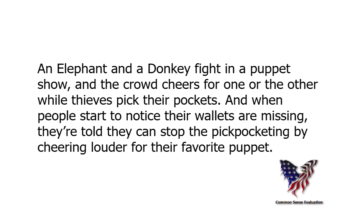 An Elephant and a Donkey fight in a puppet show, and the crowd cheers for one or the other while thieves pick their pockets. And when people start to notice their wallets are missing, they're told they can stop the pickpocketing by cheering louder for their favorite puppet.