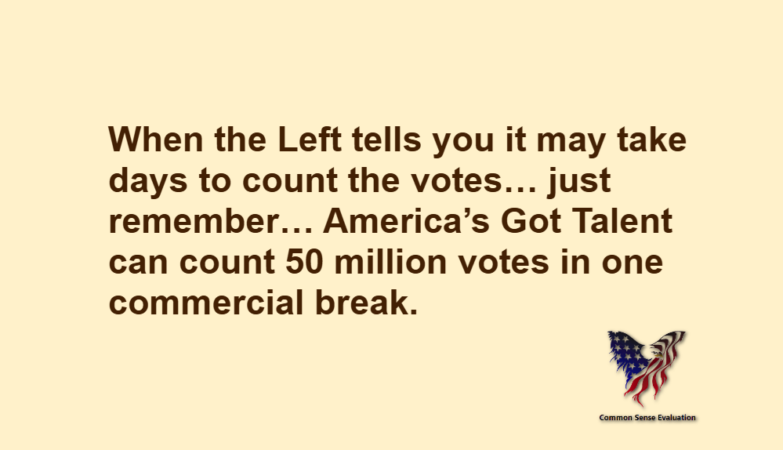 When the Left tells you it may take days to count the votes… just remember… America's Got Talent can count 50 million votes in one commercial break.