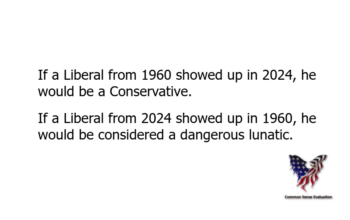 Liberal Time Travel — If a Liberal from 1960 showed up in 2024, he would be a Conservative. If a Liberal from 2024 showed up in 1960, he would be considered a dangerous lunatic.